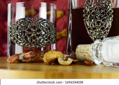 Whiskey Glass And Bottle Peanuts At The Bottom, Silver Engraved Glass