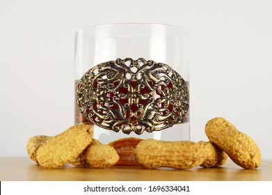 Whiskey Glass And Bottle Peanuts At The Bottom, Silver Engraved Glass