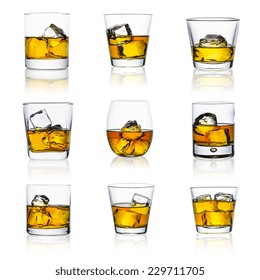 Whiskey Glasses With Ice Cubes Isolated On White Set Collage