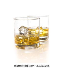 Whiskey Glasses With Ice Cubes Isolated On White Set Collage