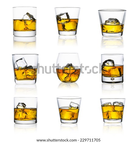 whiskey glasses with ice cubes isolated on white set collage