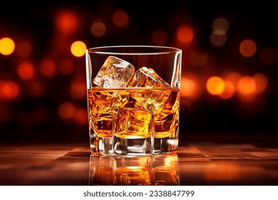 Whiskey con cubos de hielo en vidrio sobre el fondo de las luces.