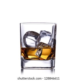 whiskey with ice cubes isolated on white