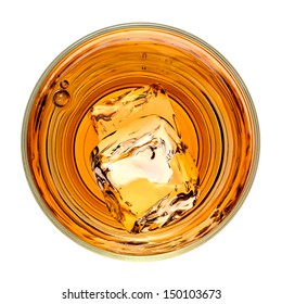 Whiskey With Ice Cubes In Rocks Glass  Isolated On White Background. From Top View