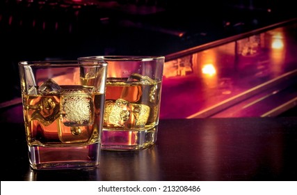 Whiskey With Ice On Bar Table Lounge Bar Atmosphere