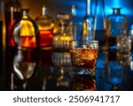 Whiskey with ice on a black table in bar. In the background bottles with various alcoholic drinks.