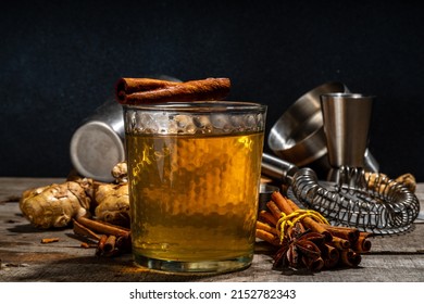  Whiskey Old Fashioned Cinnamon Stick. Strong Alcohol Cocktail With Cinnamon And Ginger, Autumn Winter Warmer Drink, Wooden Background Copy Space