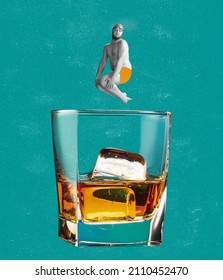 Whiskey on the rocks. Funny man jumping into glass of whiskey isolated over blue background in neon. Concept of alcohol, holidays, pub, nightlife, tasting. Contemporary creative art collage, - Shutterstock ID 2110452470
