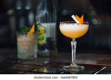 Whiskey Sour Cocktail At Bar Background. Closeup.