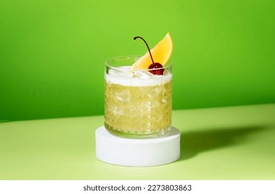 Whiskey sour cocktail with bourbon, lemon juice, egg white and ice, rocks glass on bright green background