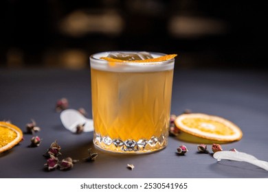 Whiskey Sour cocktail decorated with orange peel on a black table decorated with dried oranges