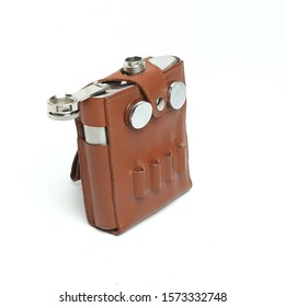 Whisky Flask In Leather Cover Isolated