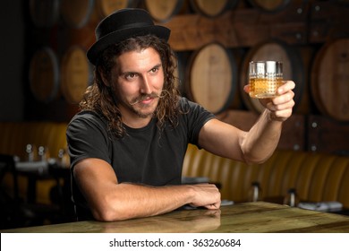 Whisky Glass Cheers Stylish Man Drinking Bourbon At A Whiskey Distillery Restaurant Bar 