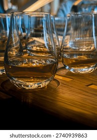 Whisky Tasting Setup with Multiple Glasses on Rustic Wooden Tray
