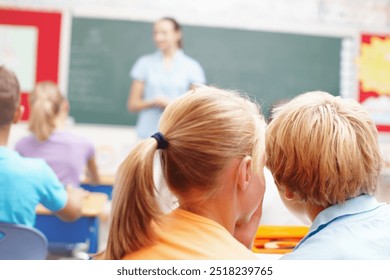 Whisper, students and kids in classroom, back and conversation with education, knowledge and talking. Friends, boy and girl in school, gossip and disturb with plan for recess, discussion and children - Powered by Shutterstock