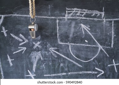 Whistle Of Soccer / Football Referee / Coach On Black Board W. Tactical Diagram,grungy