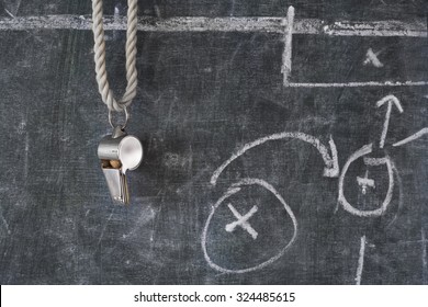 Whistle Of Soccer Or Football Referee On A Black Board With Tactical Diagram