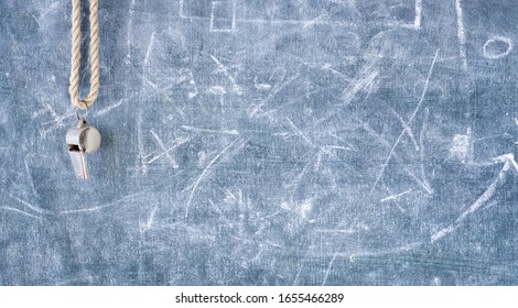 Whistle Of A Soccer Or Football Referee Or Trainer,mockup, Blackboard With Free Copy Space, Panoramic 