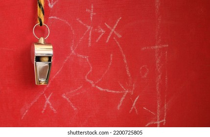 Whistle Of Soccer Referee Or Trainer And Soccer Tactics Scribble On Red Background. Great Soccer Event This Year, Large Free Copy Space