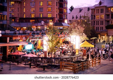 Whistler BC, Canada - August 21, 2021:  The Longhorn Saloon, A Famous Whistler Bar, On A Warm Summer Evening.