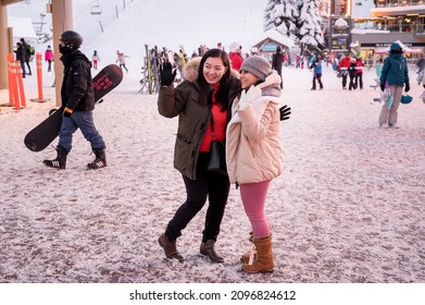 Whistler BC, Canada - December 20th, 2021:  Apres Ski In The Whistler Village At Dusk In Winter.