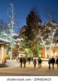 Whistler BC, Canada - December 20th, 2021:  Apres Ski In The Whistler Village At Dusk In Winter.