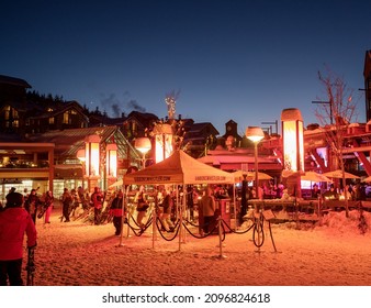 Whistler BC, Canada - December 20th, 2021:  Apres Ski In The Whistler Village At Dusk In Winter.