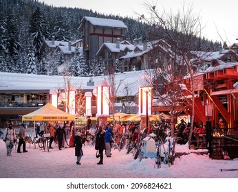 Whistler BC, Canada - December 20th, 2021:  Apres Ski In The Whistler Village At Dusk In Winter.