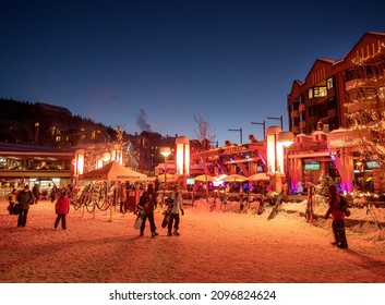 Whistler BC, Canada - December 20th, 2021:  Apres Ski In The Whistler Village At Dusk In Winter.