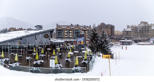 WHISTLER, BC, CANADA - FEB 18, 2021: Whistler Village Empty Restaurant Patio The Covid 19 Pandemic