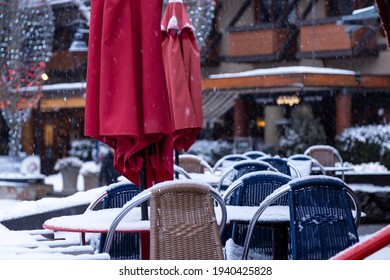 WHISTLER, BC, CANADA - FEB 18, 2021: Whistler Village Empty Restaurant Patio The Covid 19 Pandemic