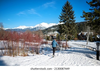 Whistler BC, Canada - February 16th, 2022:  A Cross Country Skier Near Green Lake Nicklaus North Golf Course In Winter.  Whistler BC, Canada.