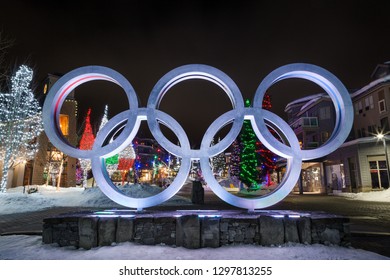 WHISTLER, BC, CANADA - JAN 14, 2019: The Olympic Rings Located In Whistler Village At Night.