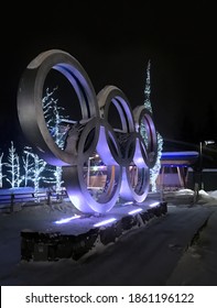 Whistler, BC, Canada - January 15, 2020. Night View Of The Olympic Rings In Whistler Village. Site Of 2010 Winter Olympics