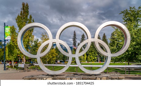 Whistler, BC/Canada - Sept 22, 2020: The Olympic Rings In The Center Of Whistler Village, A Remnant From The 2010 Winter Olympic Games