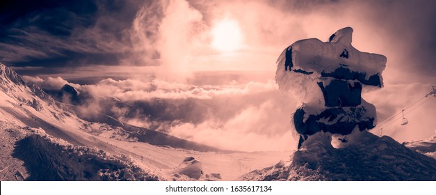 Whistler, British Columbia, Canada. Beautiful Panoramic View Of Top Of Mountain With The Canadian Snow Covered Landscape In Background During A Cloudy And Winter Sunset. Black And White Art