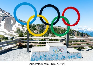 Whistler, British Columbia / Canada - July 12 2018: Olympic rings and podium on Whistler mountain for Winter Olympics