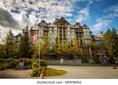 WHISTLER, BRITISH COLUMBIA, CANADA - JULY 2, 2017 : Pan Pacific, A Modern Condo Style Hotel In Whistler Village, Canada. Whistler Is A Canadian Resort Town Visited By Over 2 Million People Annually.