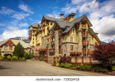 WHISTLER, BRITISH COLUMBIA, CANADA - JULY 2, 2017 : Pan Pacific, A Modern Condo Style Hotel In Whistler Village, Canada. Whistler Is A Canadian Resort Town Visited By Over 2 Million People Annually.