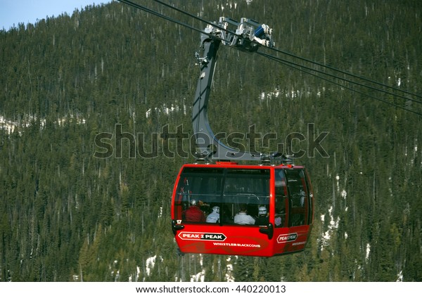 WHISTLER GONDOLA - FEB.19, 2009:  Peak to Peak\
Gondola, tri-cable gondola lift with 4.4 km journey was opened in\
2009 in Whistler area to connect Blackcom - Whistler peaks. British\
Columbia, Canada.