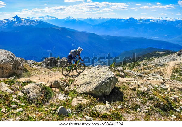 Whistler\
Mountain, Whistler, British Columbia, Canada - August 2016: Top of\
the world trail in the Whistler Bike\
Park.
