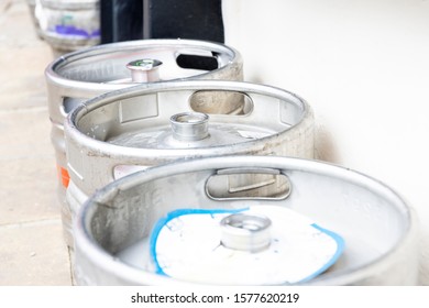 Whitby, England - 3rd May 2019: Beer Keg Delivery. Close Up Of Keg With Out Of Focus Elements