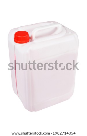 White 10 liter canister with red liquid. Container with red antifreeze for the car engine cooling system. White can be isolated on a white background.

