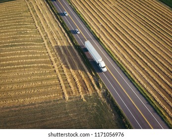 White 18 wheeler semi truck aerial view