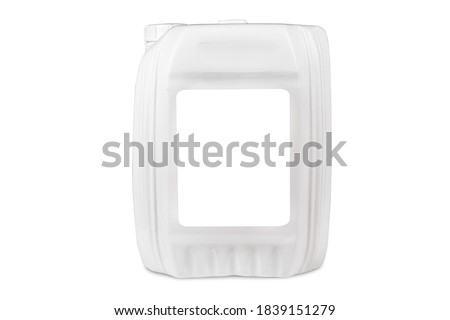 White 20-liter canister isolated on white background. There is a place to insert a label. Front view.
