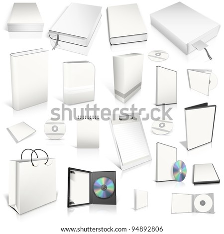 White 3d blank cover collection, isolated on white