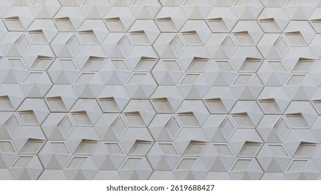 White 3D rhombus facade with geometric relief pattern, modern architecture
