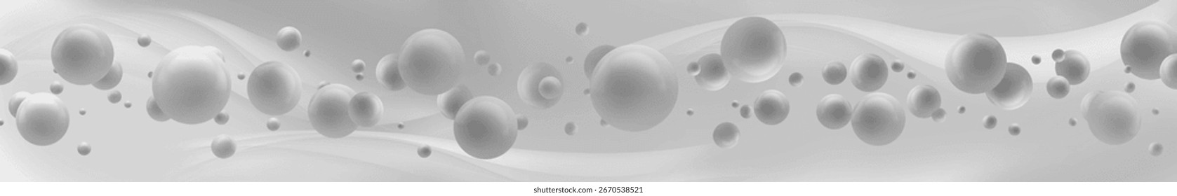 White 3D spheres float across a smooth gray wave background, creating a modern minimal abstract composition with soft gradients.