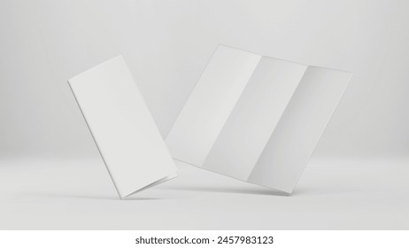 White A4 trifold paper brochure mockup, Blank tempelate, Leaflet, Pamphlet, Flyer, Booklet, Catalog empty mock-up, 3D Rendered isolated on a light background