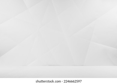 White abstract geometric background as scene and crossed lines  corners   polygon shapes as wall   wood table in soft light gradient white color   simple contemporary minimalist urban style
